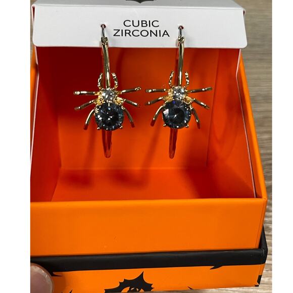 Halloween Spider Cubic Zirconia Gold Hoop Earrings NEW Light Blue - Picture 1 of 9